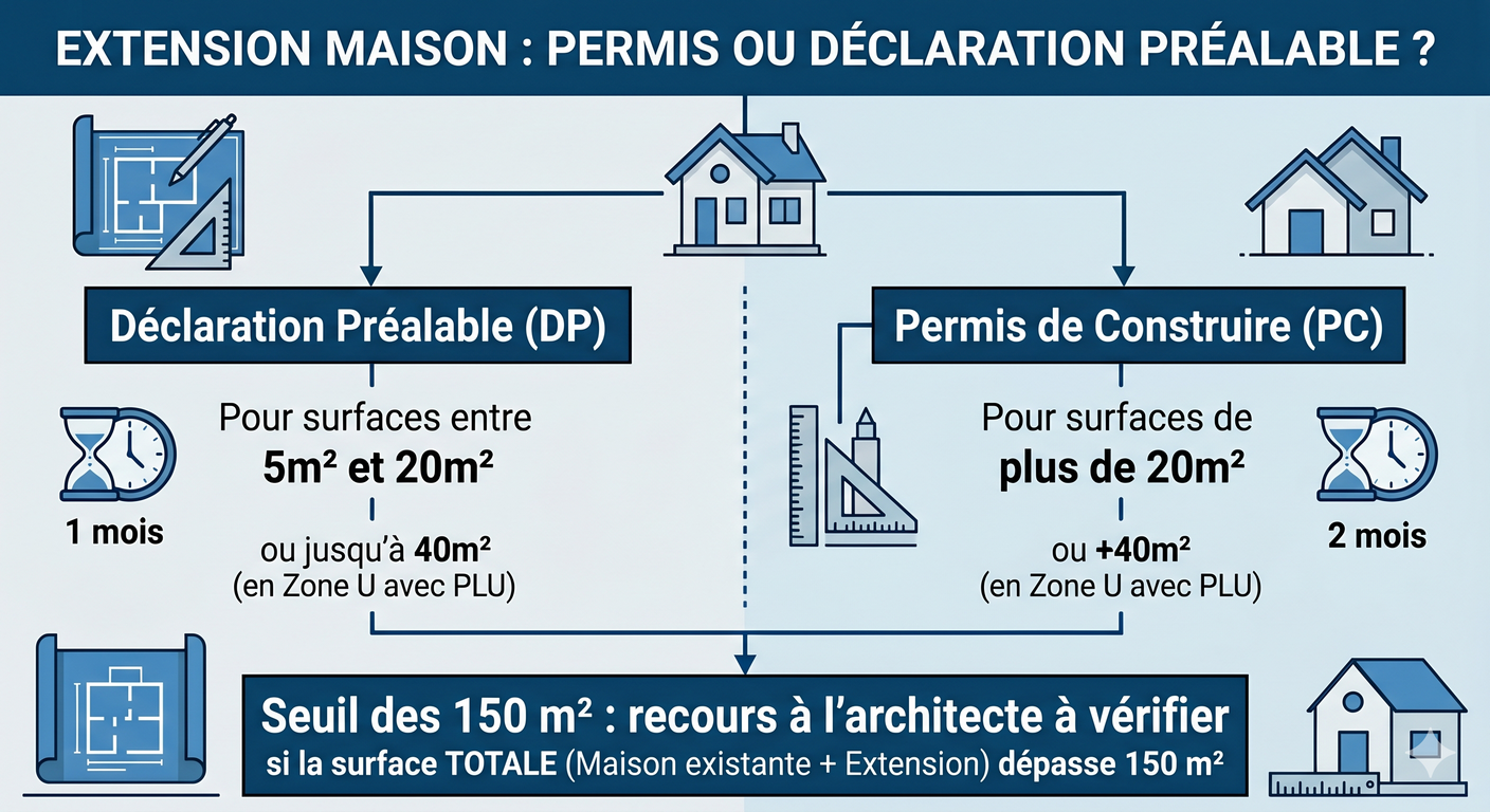 Schéma des seuils entre déclaration préalable et permis de construire pour une extension de maison