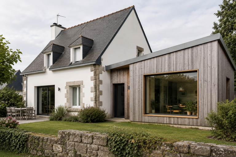 Extension contemporaine en bardage bois vertical accolée à une maison néo-bretonne enduite blanc avec toiture ardoise