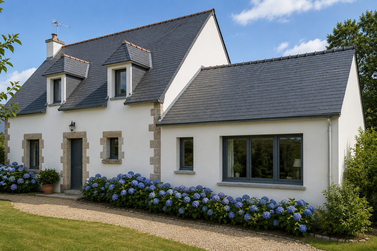 Extension enduite blanc avec toiture ardoise dans le prolongement d’une maison néo-bretonne traditionnelle