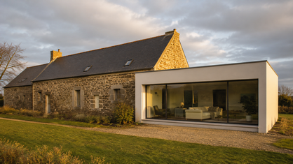 Extension contemporaine intégrée à une maison en pierre