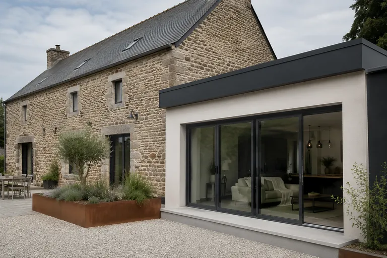 Extension en bardage intégrée au bâti existant en pierre avec toit plat
