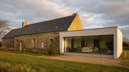 Extension contemporaine intégrée à une maison en pierre