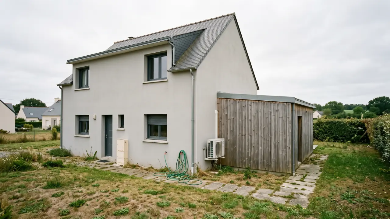 Annexe en ossature bois à bardage vertical et toit plat, accolée à une maison enduite gris, servant de garage et de rangement