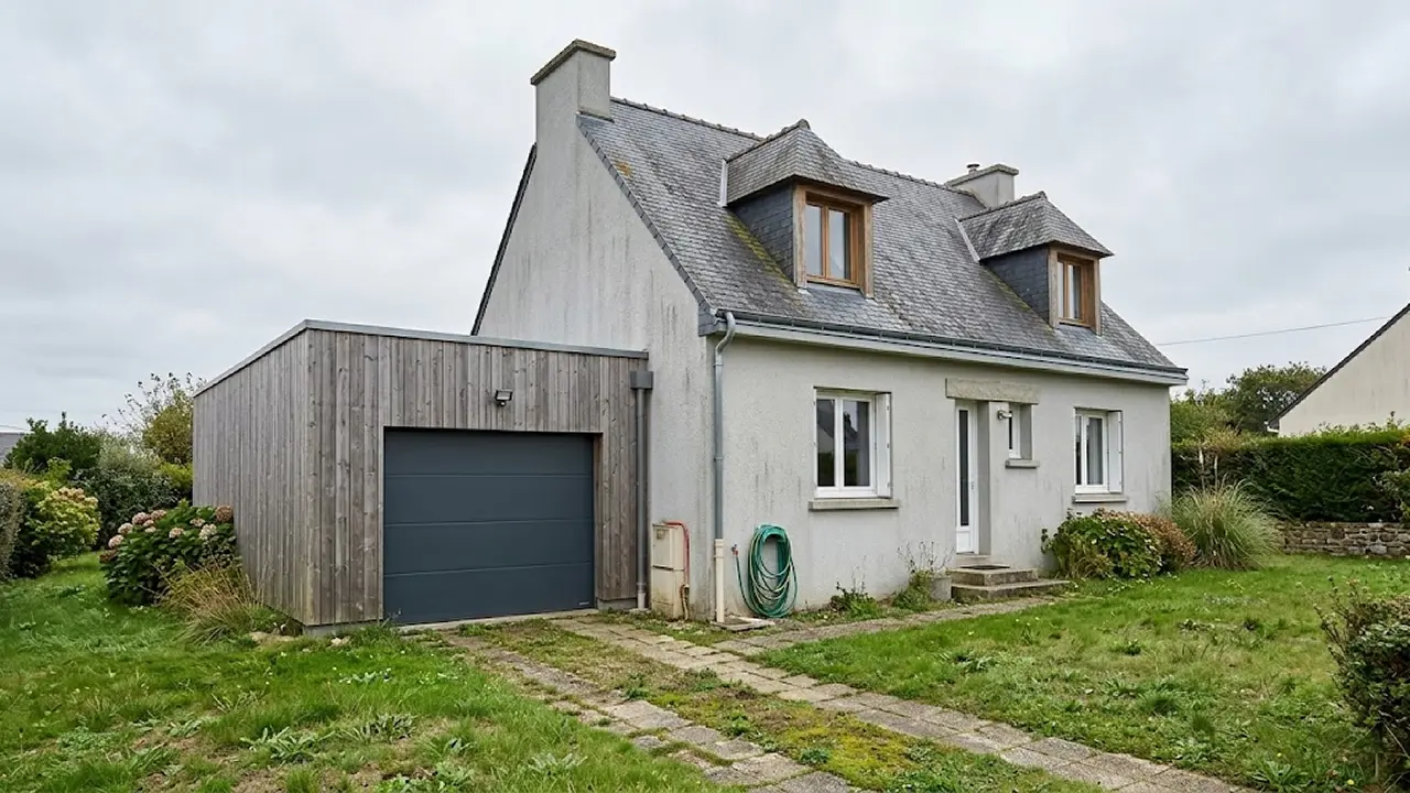 Extension latérale en bardage bois vertical à toit plat servant de garage, accolée à une maison enduite