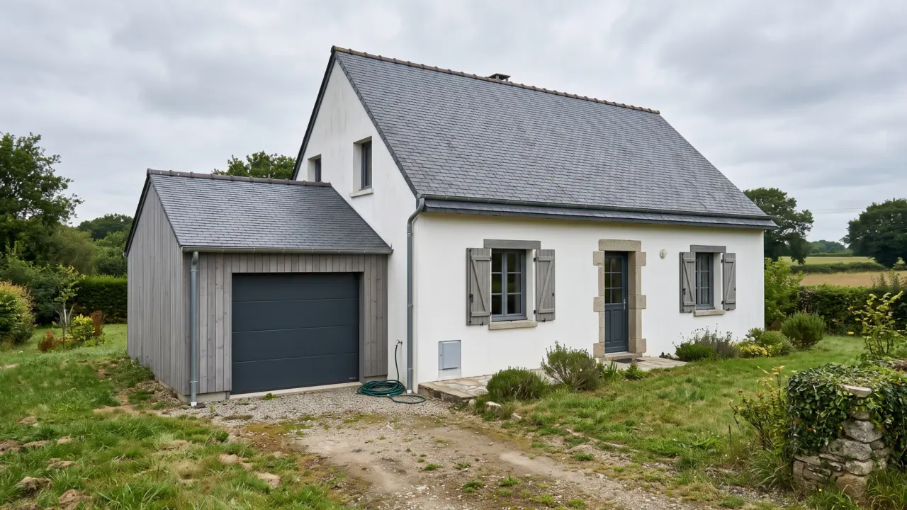 Extension latérale en bardage bois servant de garage, accolée à une maison néo-bretonne enduite blanc, toiture ardoise à double pente