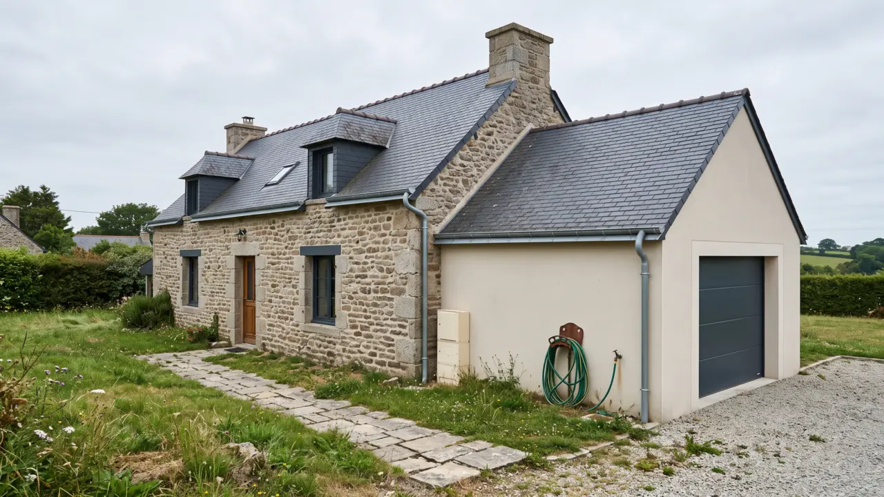 Extension latérale enduite servant de garage, accolée au pignon d’une longère bretonne en pierre, toiture en ardoise à double pente
