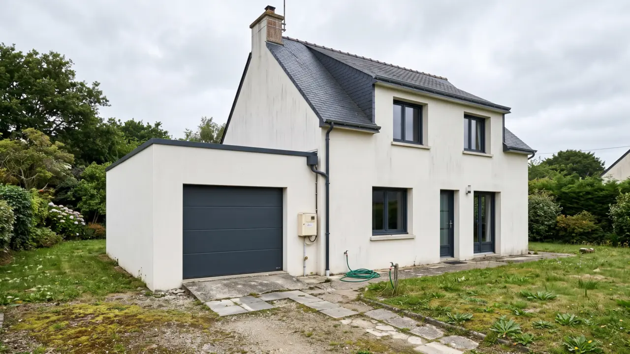 Extension latérale enduite à toit plat servant de garage, accolée à un pavillon breton, acrotère fin