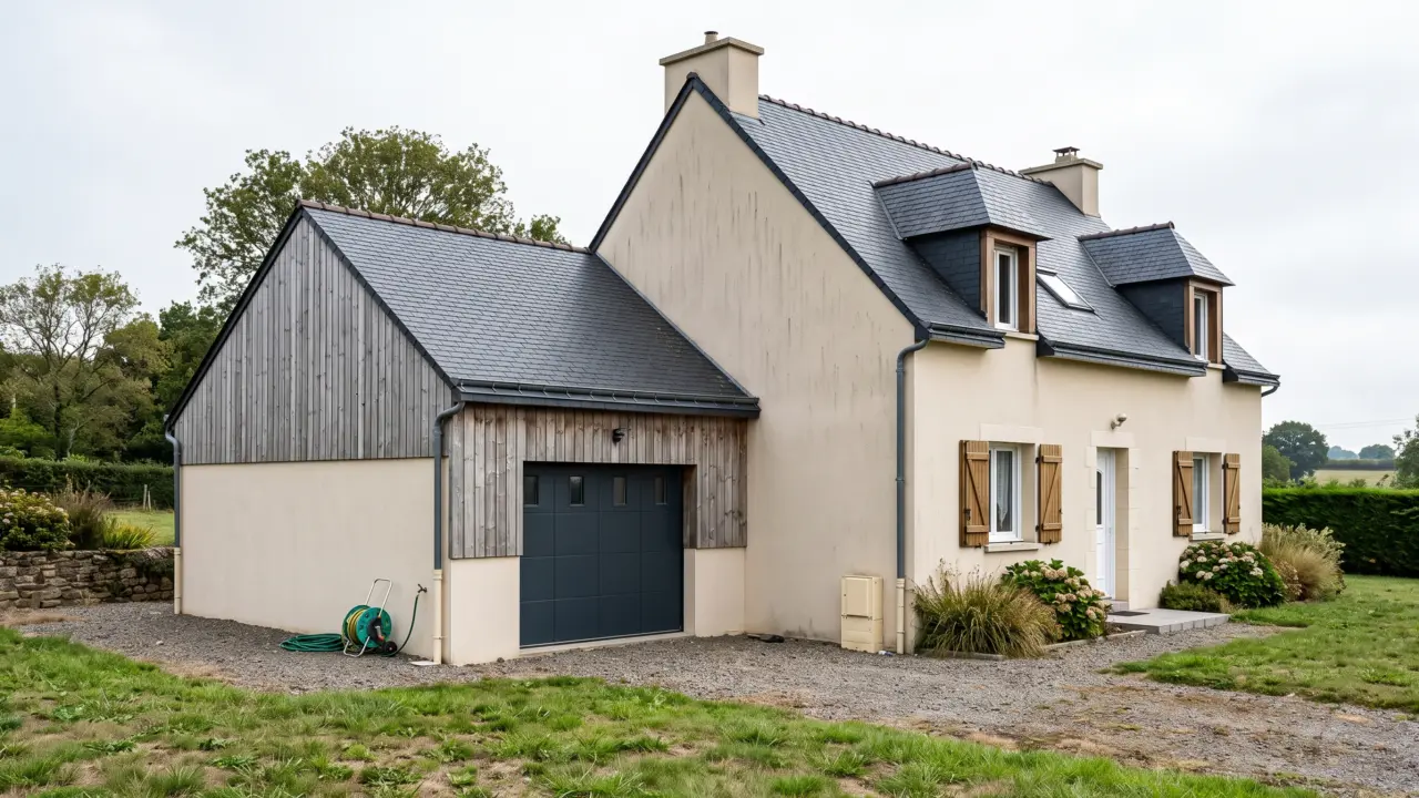Extension latérale servant de garage, soubassement enduit et partie haute en bardage bois, toiture ardoise à double pente