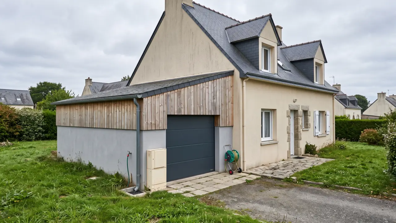 Extension latérale à soubassement enduit et bardage bois servant de garage, toiture monopente en ardoise