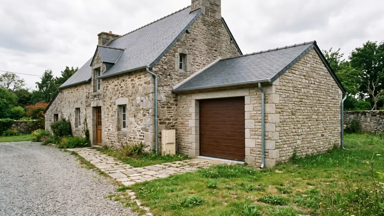Extension latérale en pierre neuve servant de garage, accolée à une maison ancienne en moellons, toiture ardoise à double pente