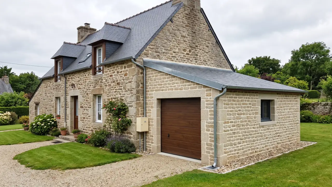 Appentis en pierre servant de garage, accolé au pignon d’une maison bretonne, toiture monopente en ardoise