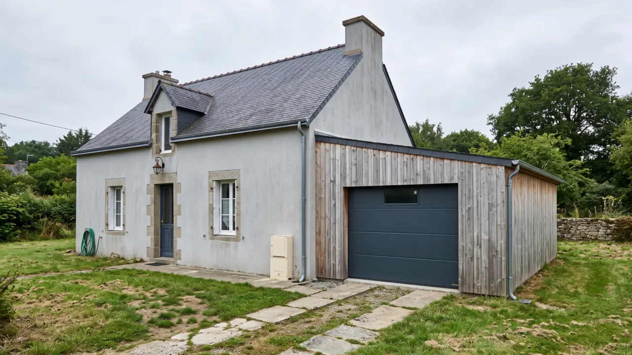 Extension en ossature bois avec bardage vertical servant de garage, toiture monopente en ardoise