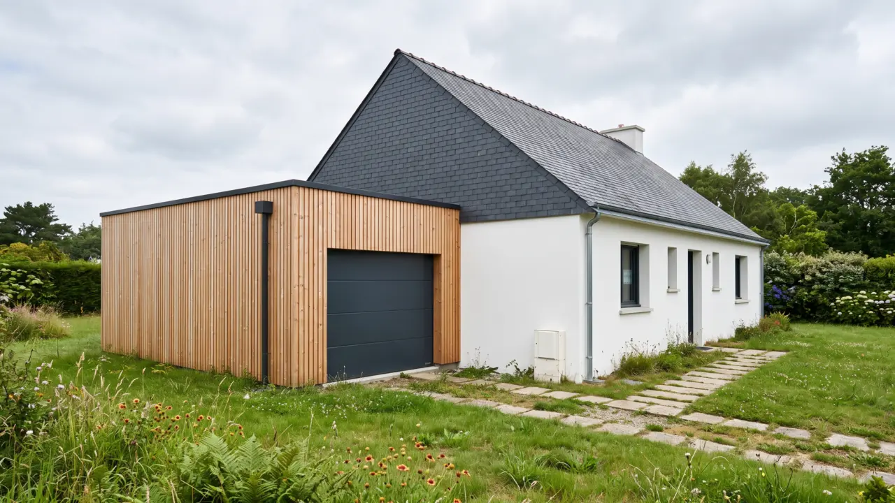 Extension en ossature bois à bardage claire-voie servant de garage, toit plat avec acrotère fin