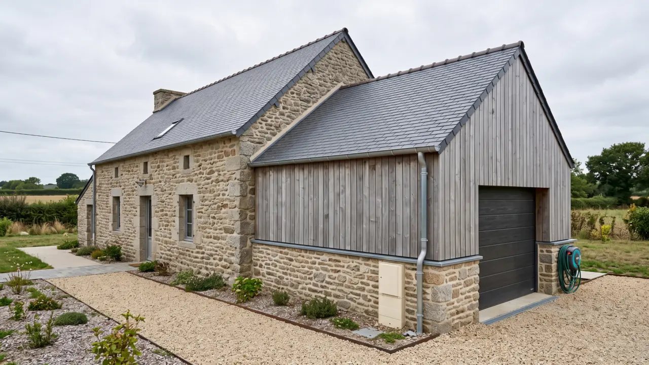 Extension en ossature bois servant de garage, soubassement en pierre et bardage bois, toiture ardoise à double pente