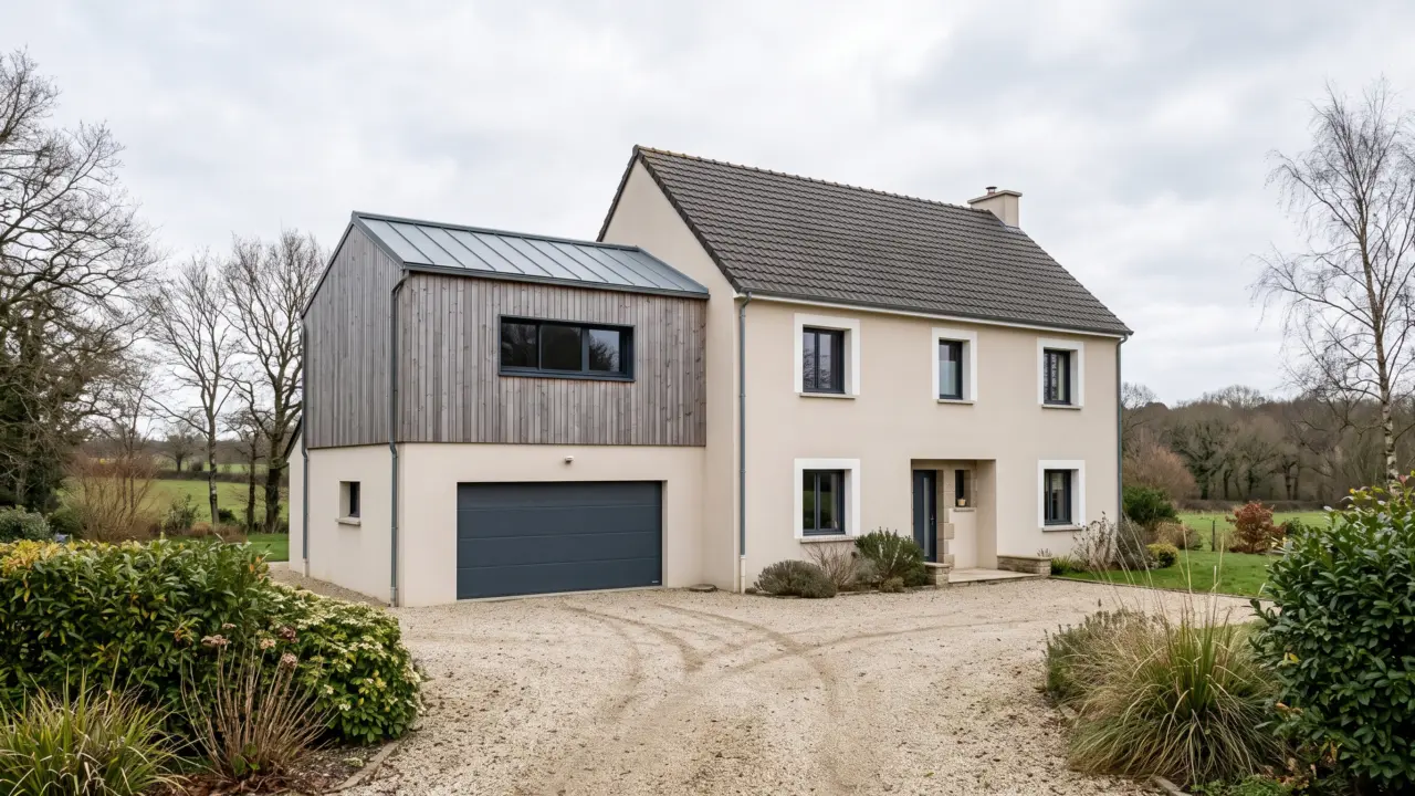 Surélévation en ossature bois à bardage vertical grisé et toiture zinc monopente, posée sur un garage accolé à porte sectionnelle anthracite