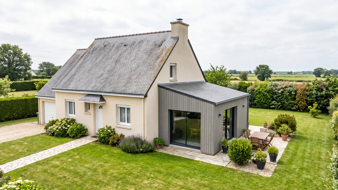 Extension en ossature bois à bardage vertical grisé et toiture ardoise à double pente, accolée à une maison néo-bretonne enduite, jardin ouvert sur les champs