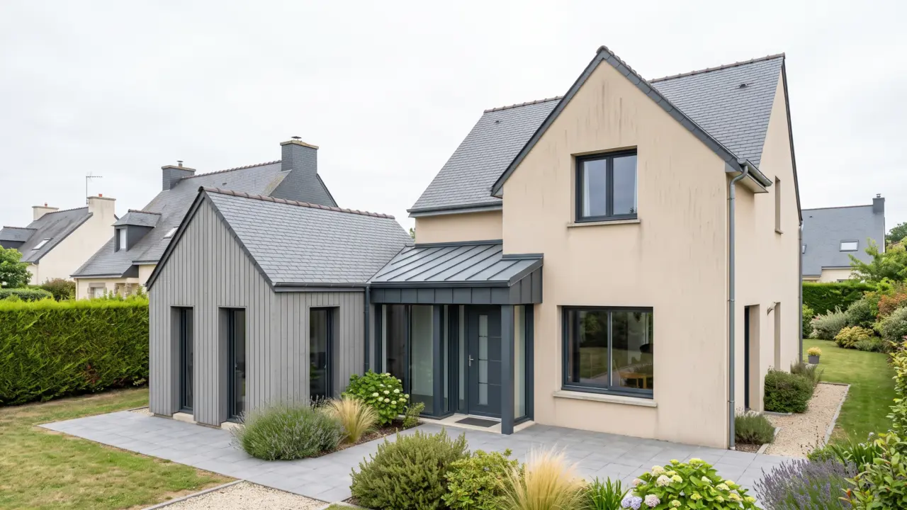 Extension en ossature bois à bardage vertical gris et toiture ardoise à double pente, auvent en zinc au-dessus de l’entrée, maison enduite