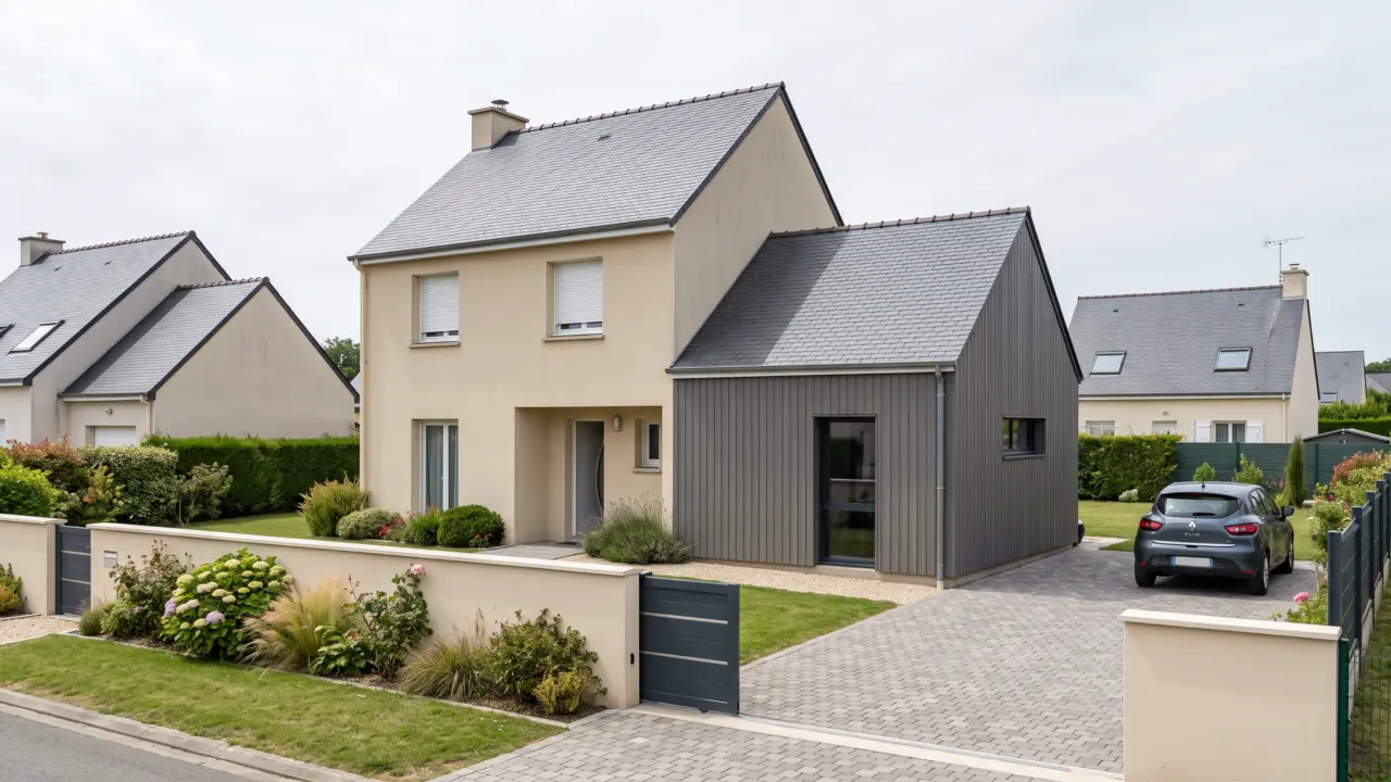 Extension en ossature bois à bardage vertical gris et toiture ardoise à double pente, accolée à une maison enduite, vue depuis la rue