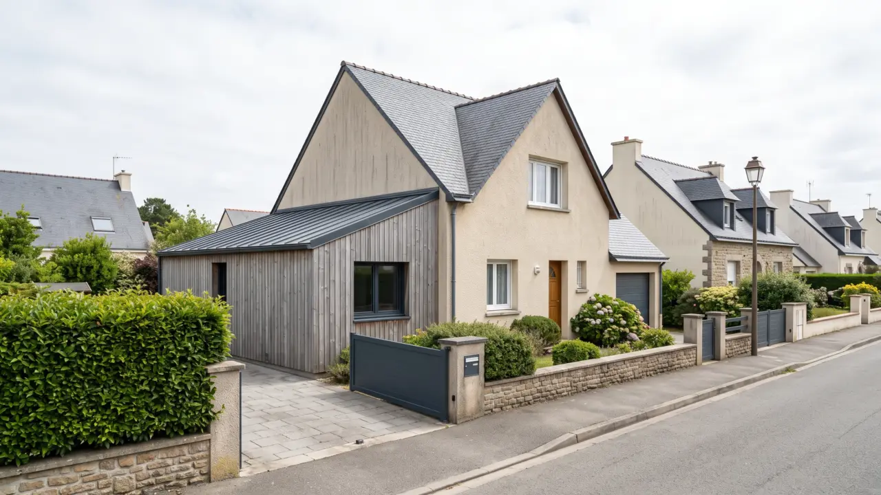 Extension en ossature bois à bardage vertical grisé et toiture zinc monopente, accolée à une maison néo-bretonne, vue depuis la rue