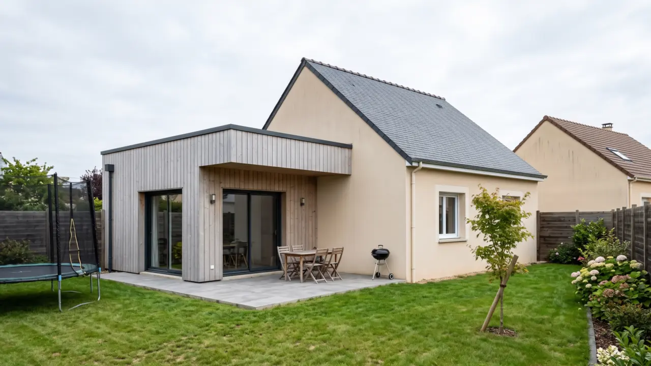 Extension en ossature bois à bardage vertical et toit plat prolongé en auvent au-dessus d’une terrasse, maison néo-bretonne enduite