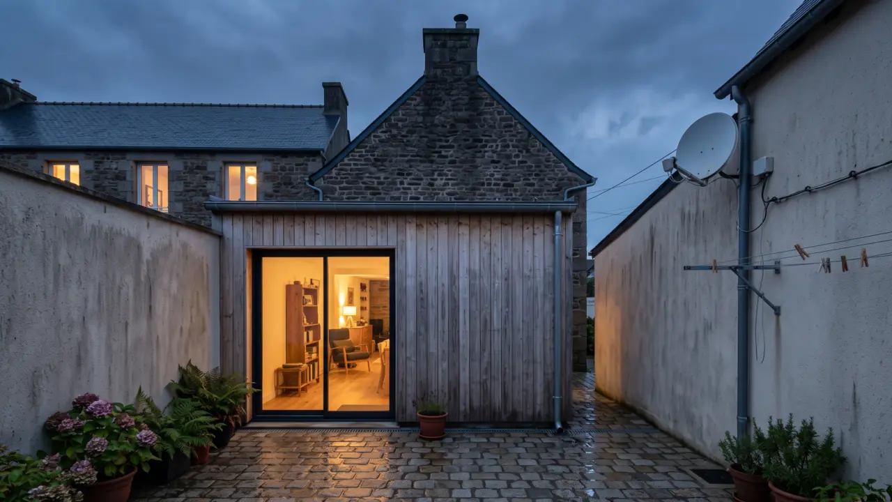 Extension en ossature bois à bardage vertical et toit plat installée en fond de cour pavée contre une maison en pierre, porte vitrée éclairée