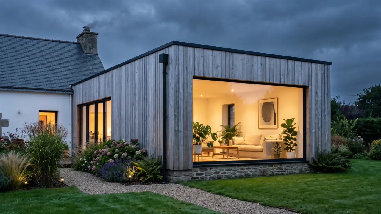 Extension en ossature bois à bardage vertical grisé et toit plat, baie vitrée éclairée ouvrant sur le jardin d’une maison bretonne enduite