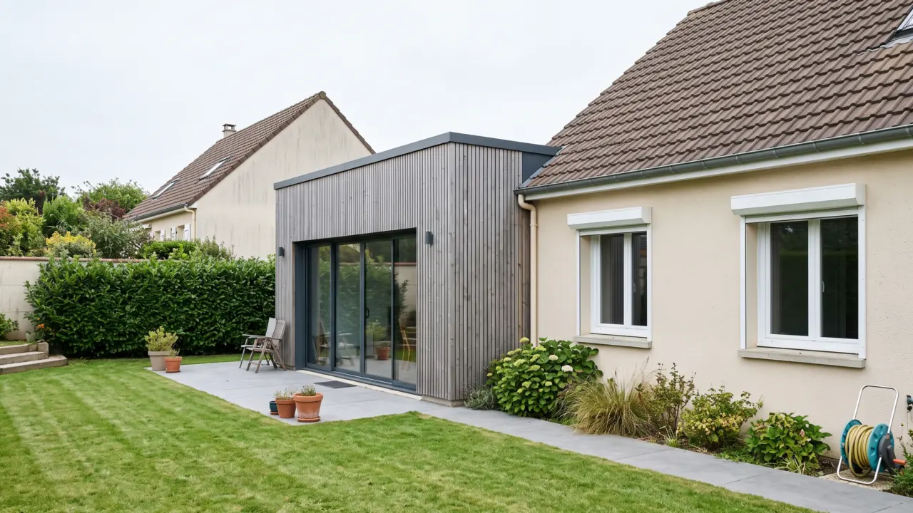 Extension bois à toit plat sur un pavillon, côté jardin