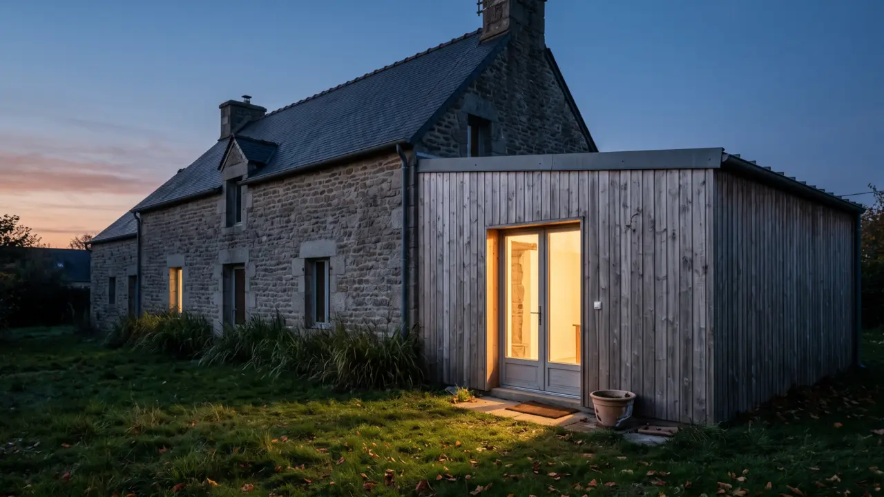 Extension bois à bardage vertical accolée à une longère en pierre