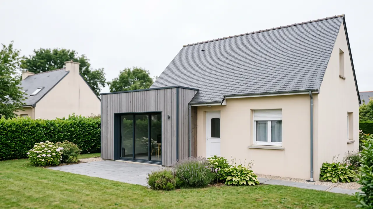 Extension en ossature bois à bardage vertical grisé et toit plat accolée au pignon d’une maison néo-bretonne enduite, toiture en ardoise