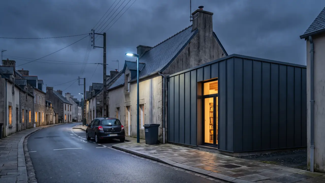 Extension latérale à bardage zinc anthracite et toit plat accolée à une maison de bourg en pierre, en bord de rue, intérieur éclairé