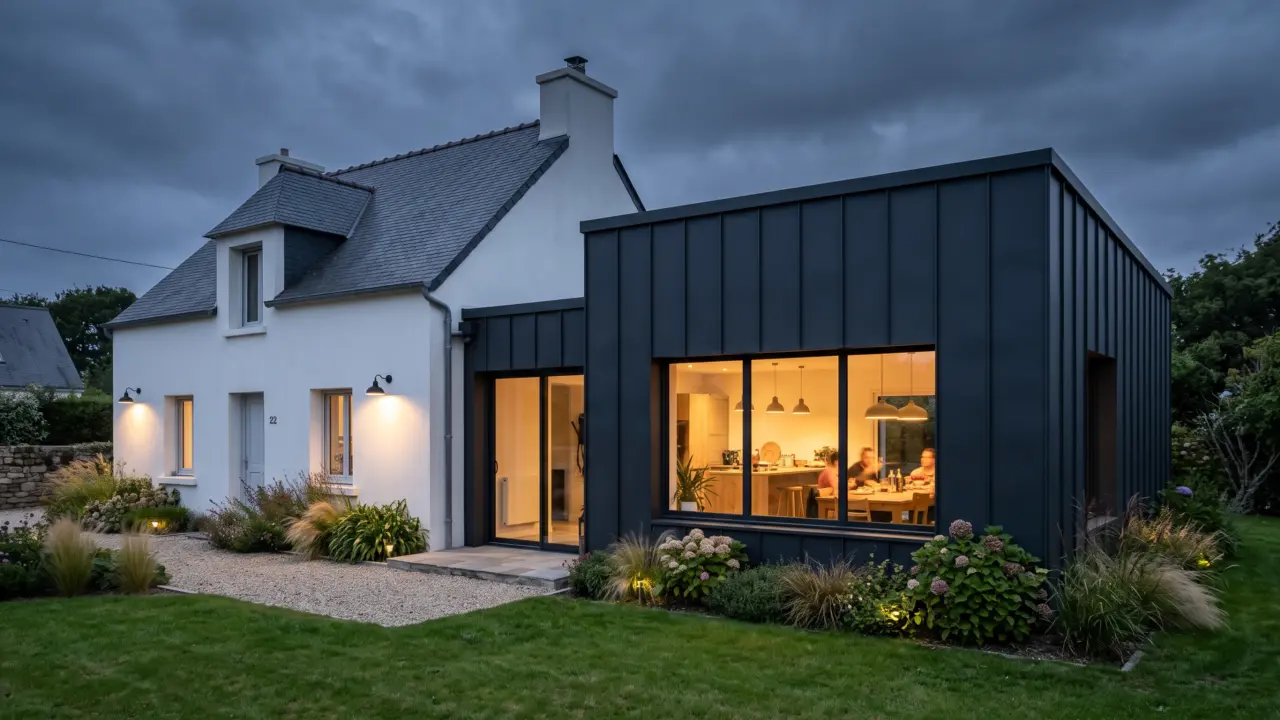 Extension latérale à bardage zinc anthracite à joint debout et toit plat, grande baie donnant sur une cuisine ouverte, maison bretonne enduite blanc
