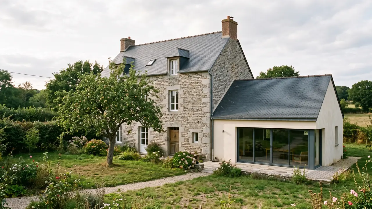 Extension latérale enduite clair avec toiture ardoise à double pente, accolée au pignon d’une maison bretonne en pierre à étage, grande baie coulissante