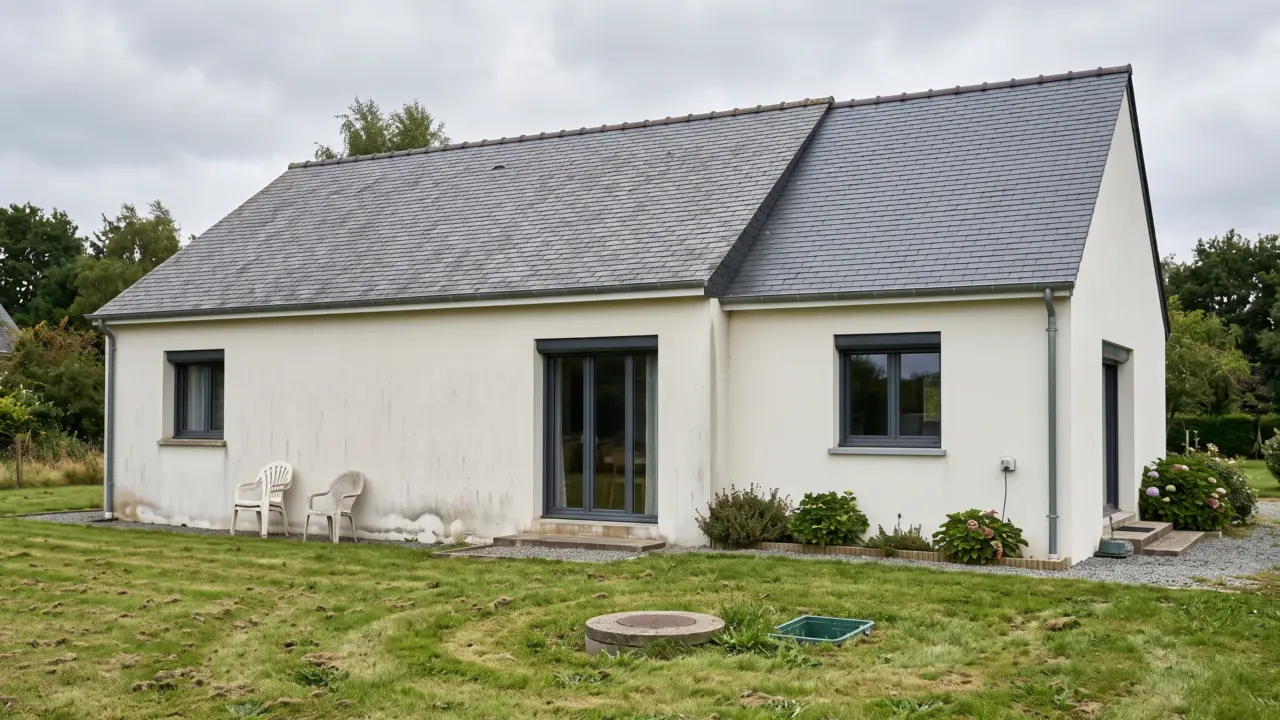 Extension latérale enduite de plain-pied prolongeant une maison bretonne, toiture ardoise à double pente continue, décrochement de hauteur visible