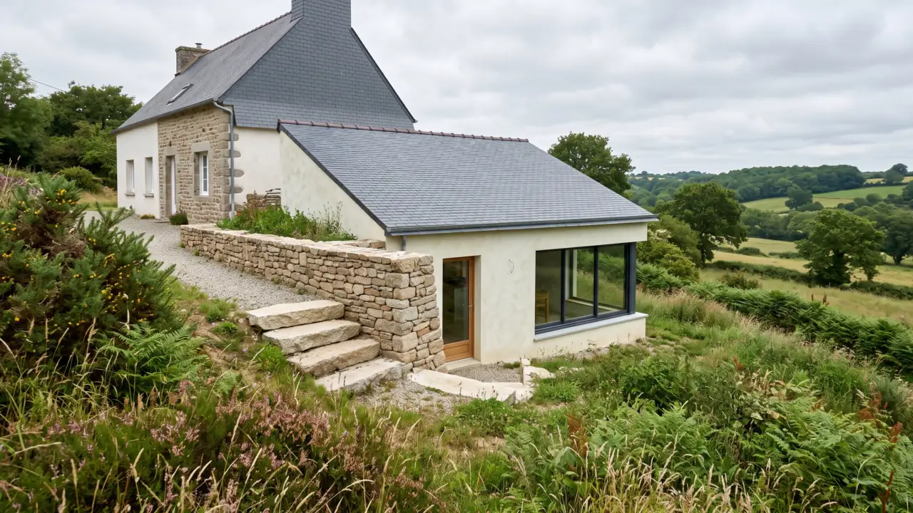 Extension latérale enduite clair à toiture ardoise double pente, adossée à une maison bretonne en pierre sur un terrain en pente, mur de soutènement en pierre sèche