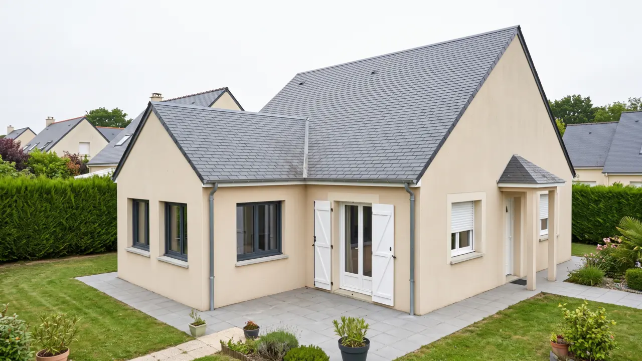 Extension latérale enduite à toiture ardoise en double pente, dont le décrochement de volume la distingue de la maison néo-bretonne existante