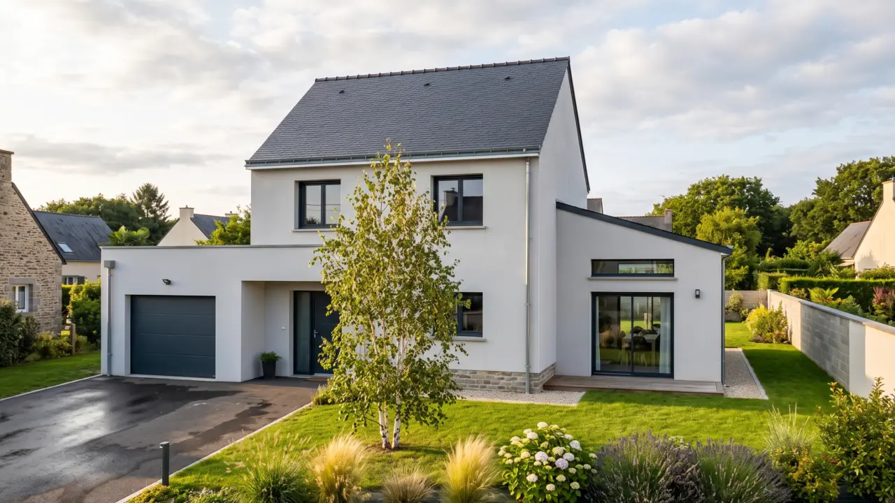 Extension latérale enduite blanc à toiture monopente, accolée à une maison contemporaine enduite avec garage intégré, grande baie sur le jardin