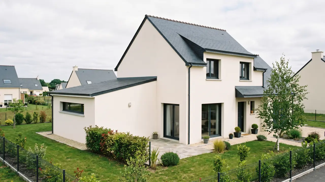 Extension latérale enduite blanc à toiture monopente à faible pente, accolée à une maison contemporaine enduite en lotissement, ouvertures horizontales