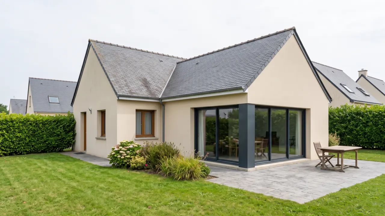Extension enduite à toit plat avec angle vitré, accolée à une maison à toit d’ardoise, côté jardin