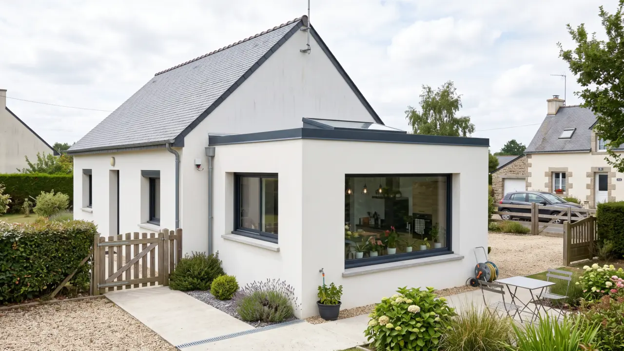 Extension latérale enduite blanc à toit plat percée de deux baies formant un angle vitré, lanterneau en toiture, maison bretonne en ardoise
