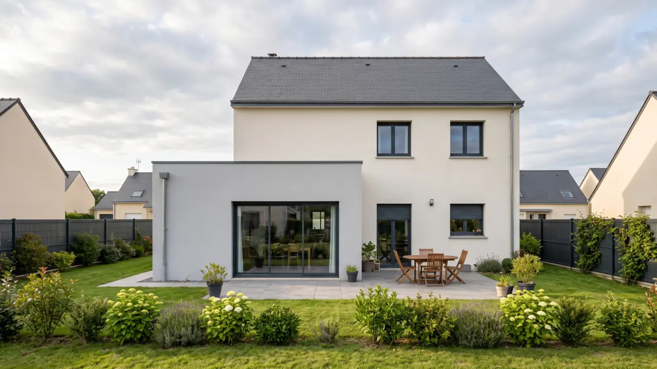Extension latérale enduite blanc à toit plat accolée à une maison contemporaine enduite blanc à toiture ardoise, terrasse et baie coulissante
