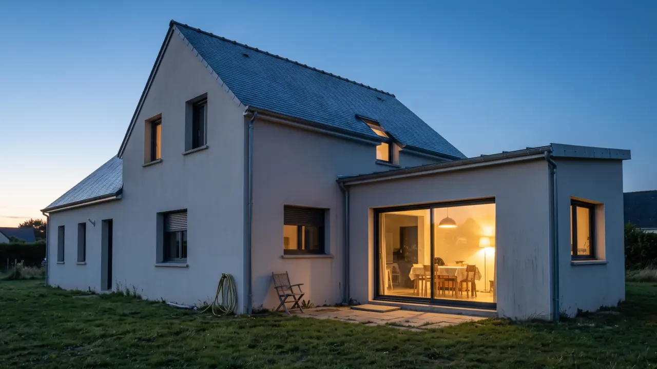 Extension enduite à toit plat ouverte sur le jardin, à l’heure bleue