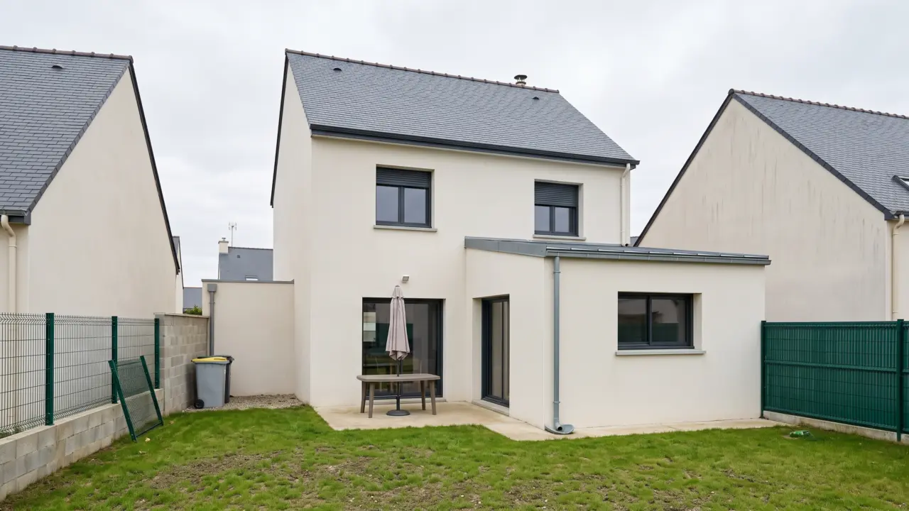 Extension latérale enduite blanc à toit plat accolée à une maison de lotissement enduite blanc, porte-fenêtre et fenêtre en bandeau