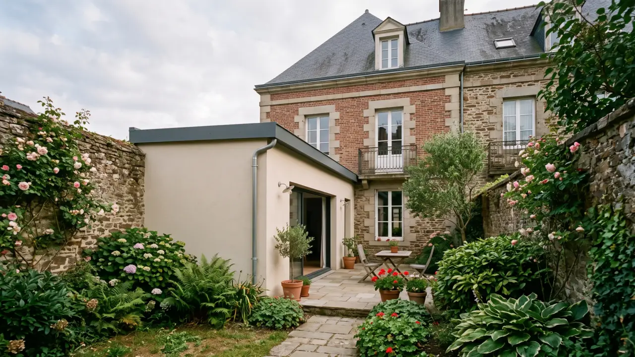 Extension latérale enduite à toit plat et acrotère zinc, accolée à une maison bourgeoise en pierre et brique, cour-jardin plantée