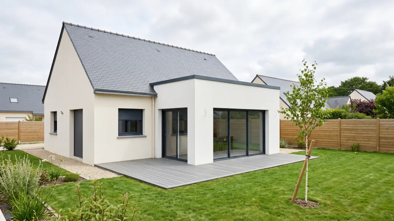 Extension latérale enduite blanc à toit plat avec deux baies coulissantes, terrasse en lames composite, maison bretonne à toiture ardoise