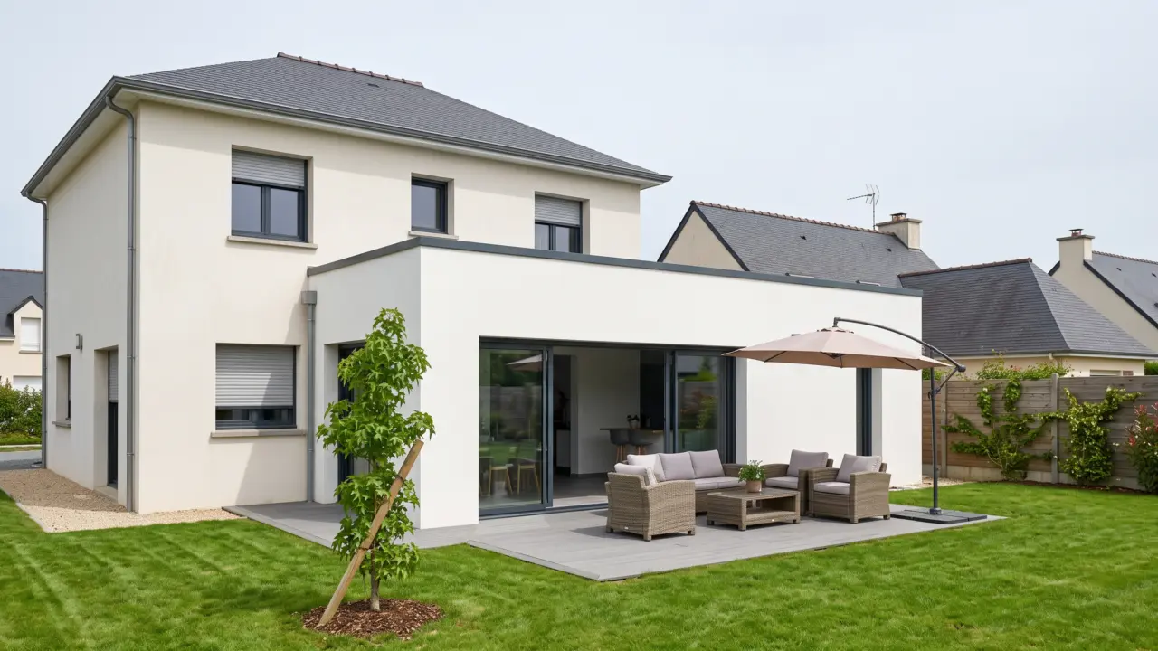 Extension latérale enduite blanc à toit plat accolée à une maison contemporaine à étage, large baie coulissante ouvrant sur une terrasse