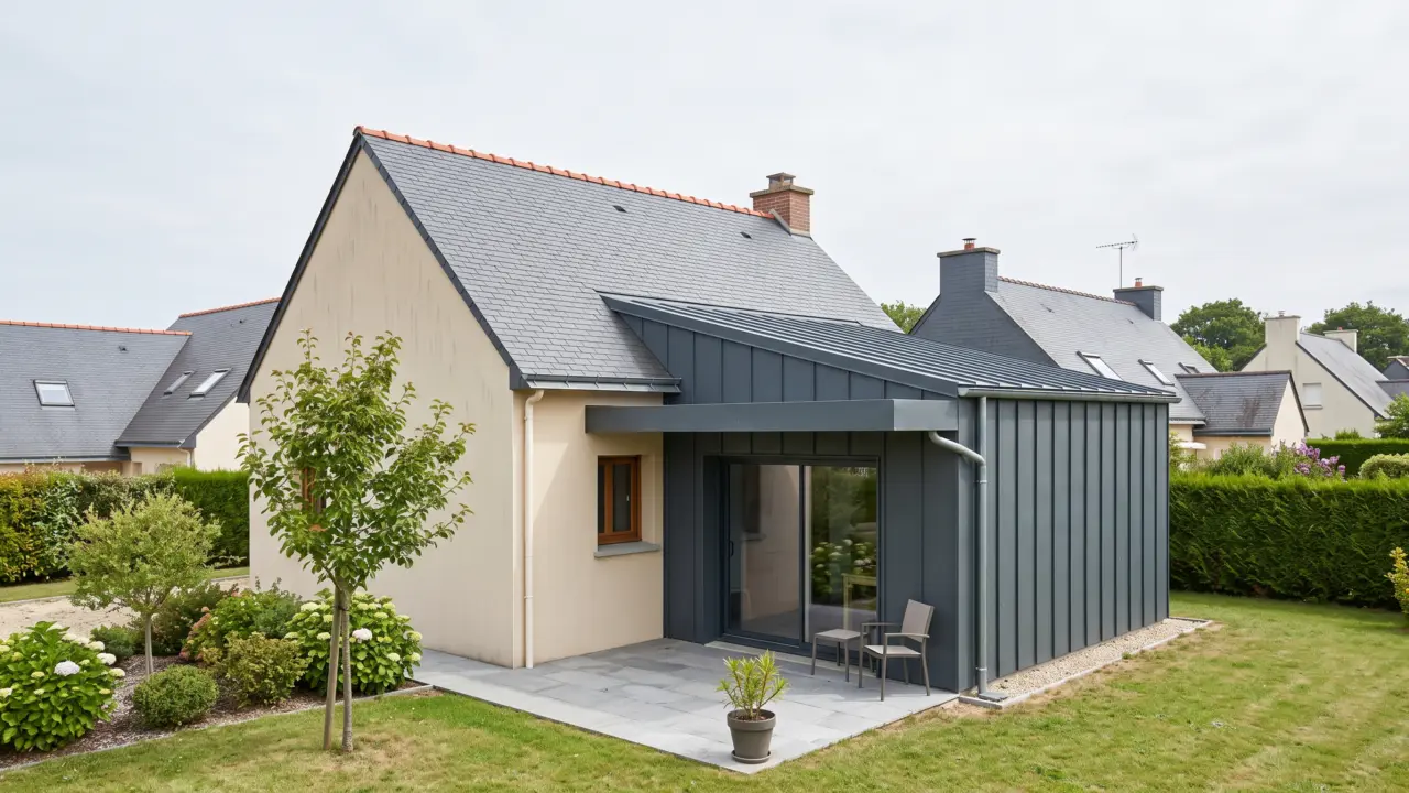 Extension en zinc à monopente sur une maison enduite