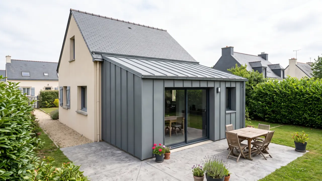 Extension latérale entièrement habillée de zinc anthracite à joint debout, toiture monopente, baie coulissante ouvrant sur une terrasse béton