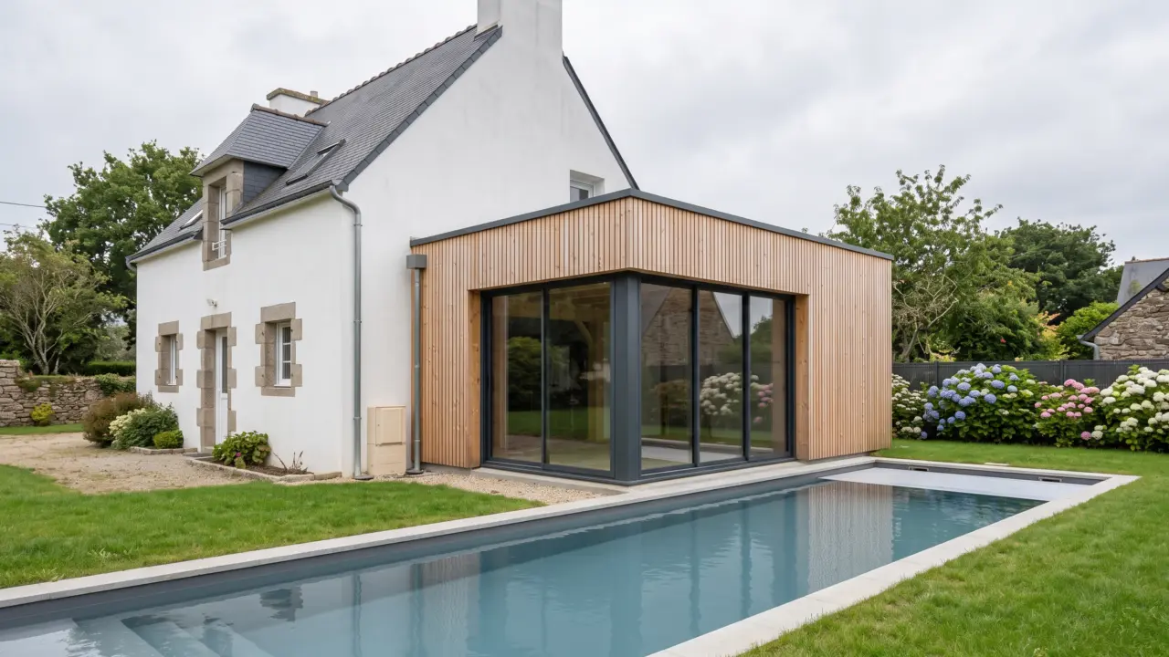 Extension en ossature bois à toit plat servant de pièce de vie, bardage claire-voie et angle entièrement vitré ouvrant sur le bassin
