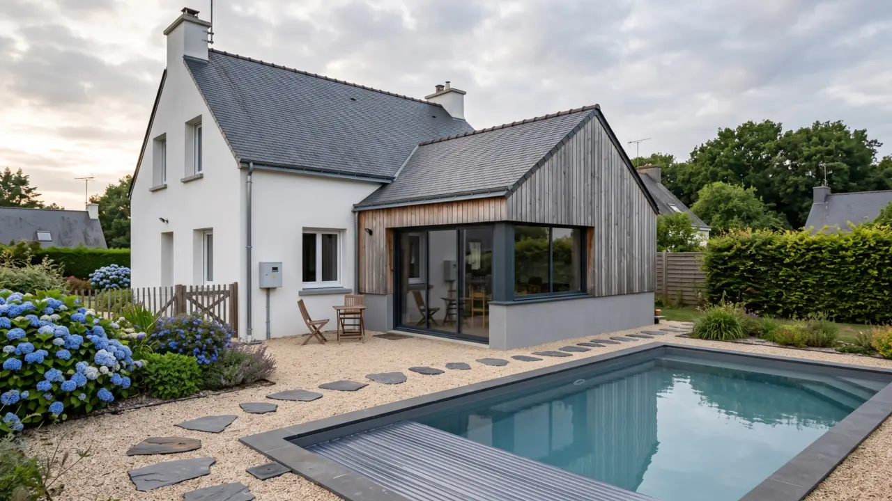 Extension latérale à soubassement enduit et bardage bois servant de pièce de vie, toiture ardoise à double pente, baie ouvrant sur la terrasse et le bassin