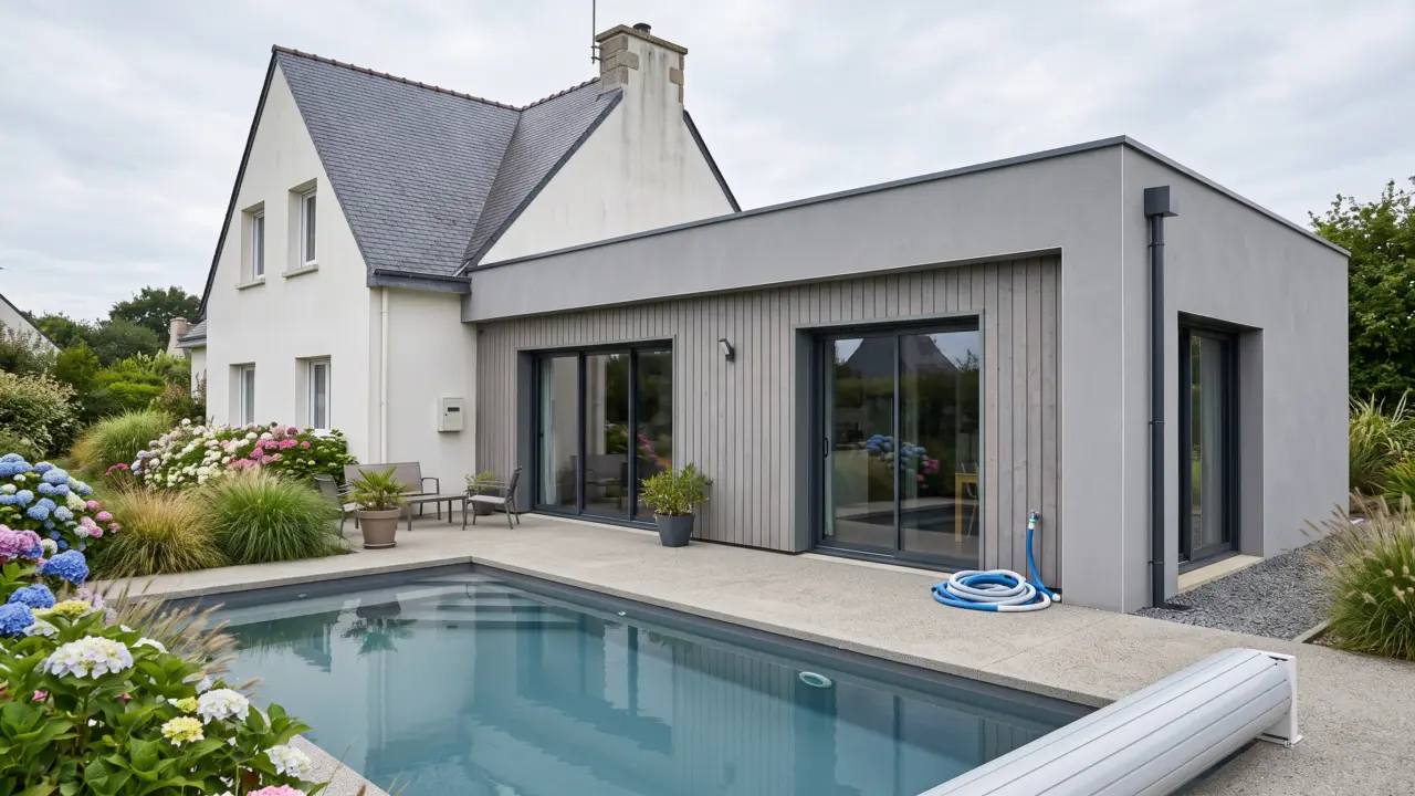 Extension latérale à toit plat servant de pièce de vie, trumeaux enduits et panneaux de bardage bois entre les ouvertures, vue sur la piscine